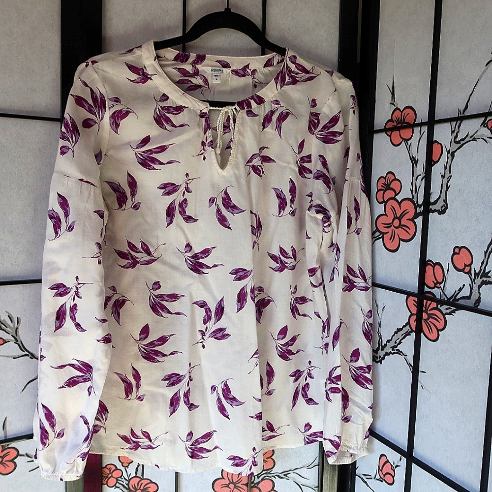 Sonoma Floral Purple White Cotton Peep Hole Neckline Women's Blouse Size Large